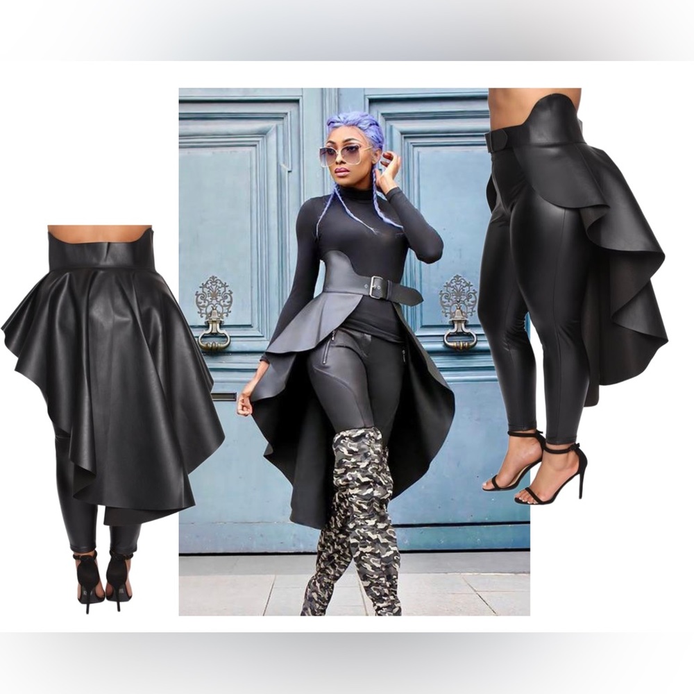 Black Skirt Belt Faux Leather Cocktail Midi Skirt. Size is L.